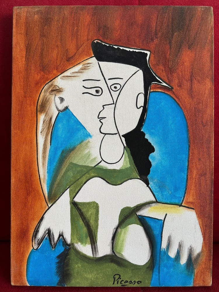 PICASSO oil painting on  canvas, vtg stamped signed