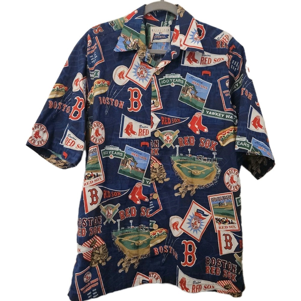 Reyn Spooner Blue Boston Red Sox Baseball Hawaiian Collard Shirt Mens Medium