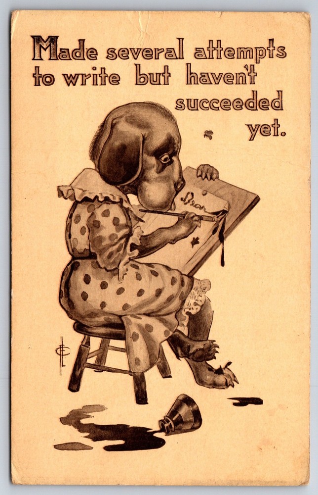 Fantasy~Made Several Attempts To Write~Dog In Dress~PM 1911~Vintage Postcard