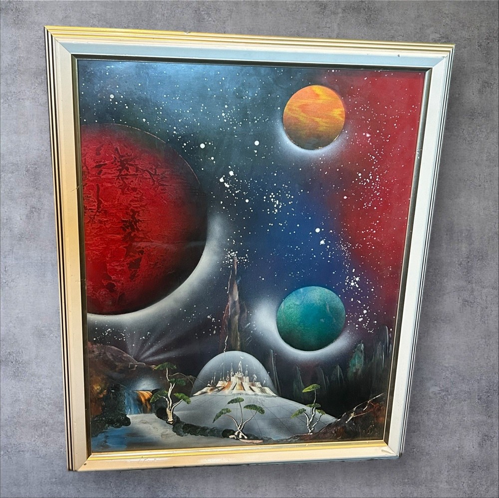 Original Signed 1996 Spray Paint Space Art - Framed SciFi Surreal Painting 18x22