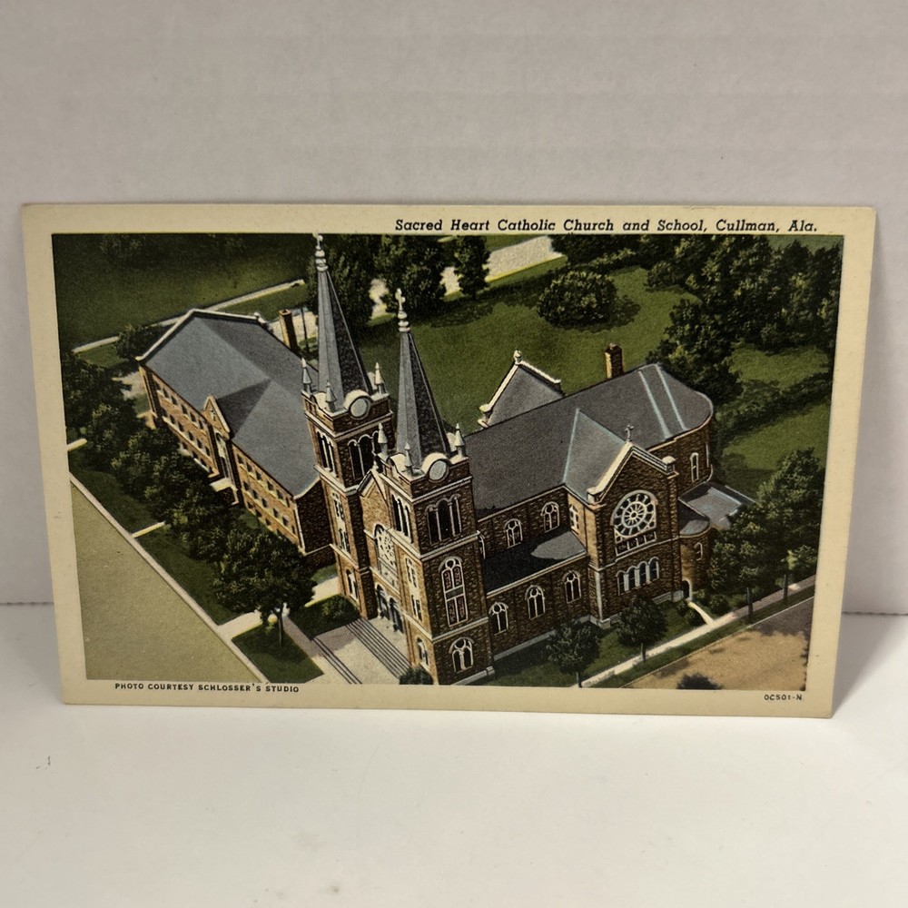 Vintage Sacred Heart Catholic Church And School Postcard Cullman Alabama
