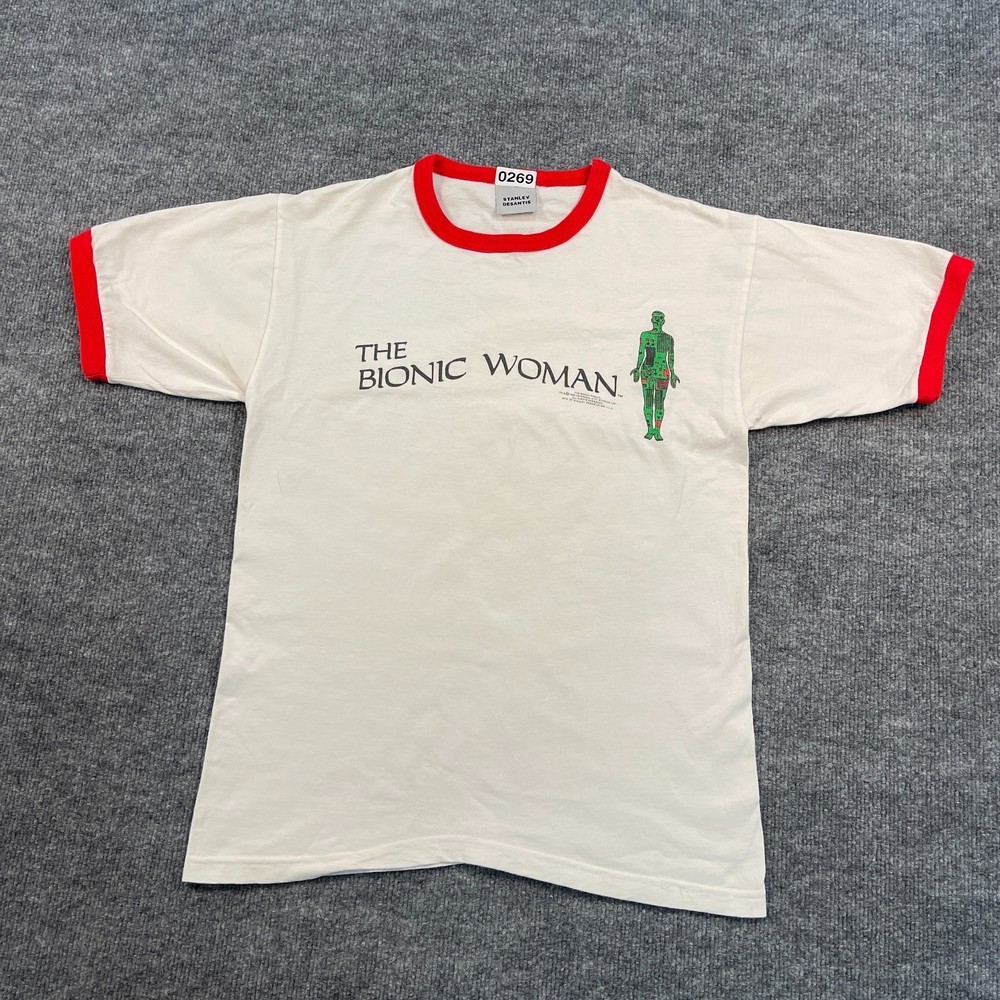 Vintage 1995 Stanley-Desantis The Bionic Woman Ringer Shirt Medium 19x26 White