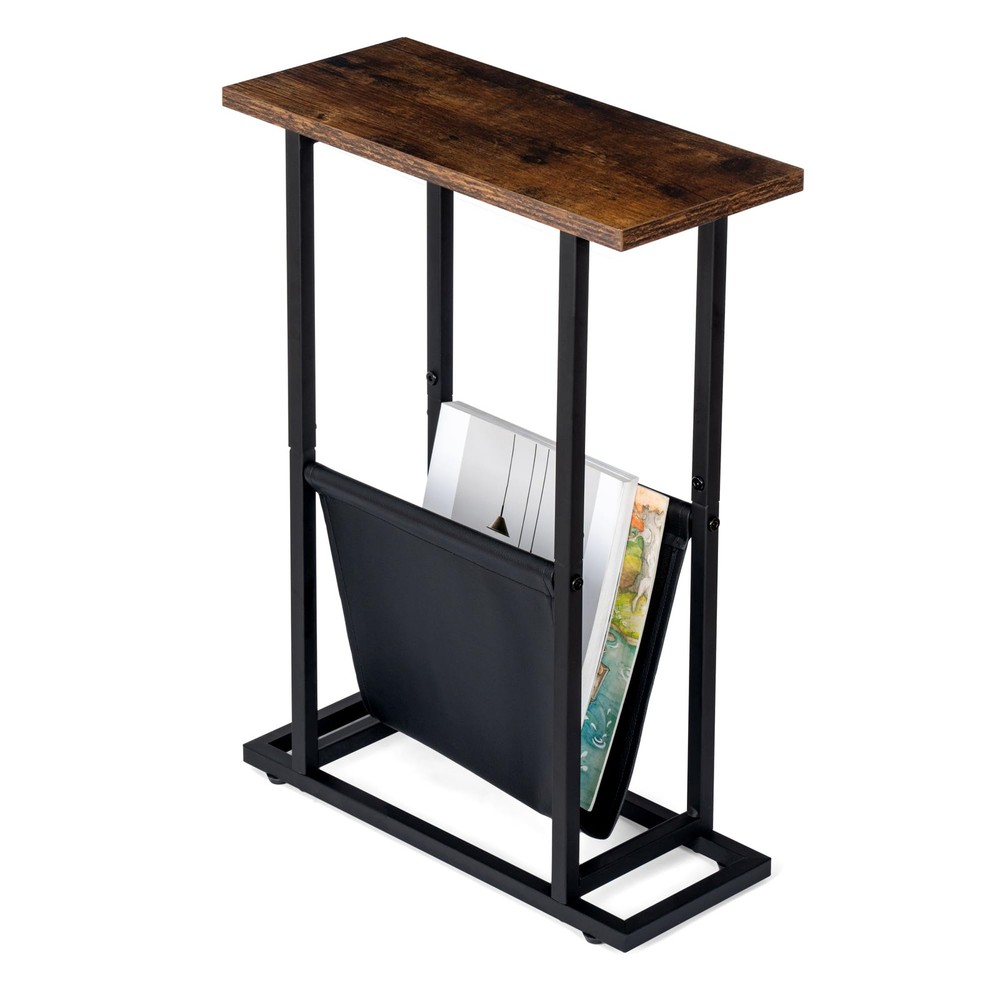 Narrow Side Table with PU Leather Magazine Holder Rustic Slim Little Thin Tab...
