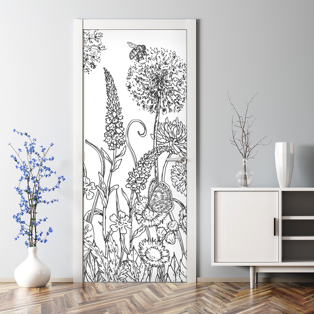 Bubble Free Door sticker adhesive Sketch flowers Black and white floral Decal