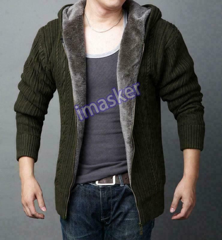 Men's Cardigan Coat Sweater Jacket Fur Lined Hooded Slim Fit Thicken Hot