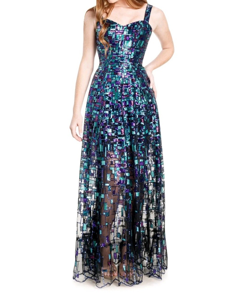 NWT Dress The Population Black Sequin Sheer Maxi Dress Women's Size XXS
