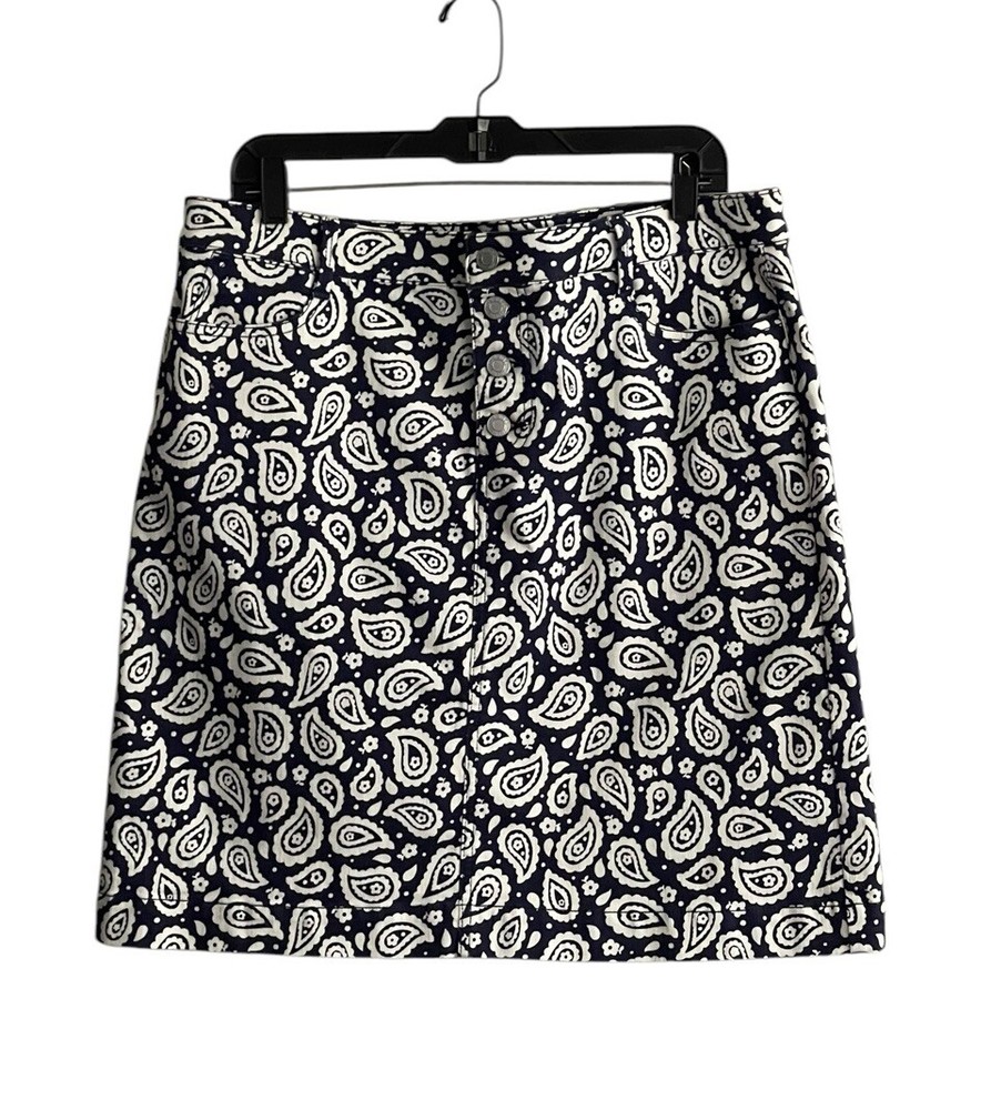 Talbots Paisley  Denim Skirt Women Size 14 Navy White Skirt Classic Chic Coastal