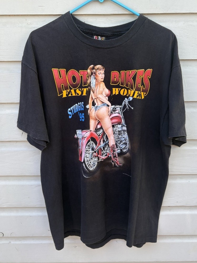 VTG 1995 3D Emblem Sturgis Hot Bikes Fast Women Motorcycle Biker T-Shirt XL 90s
