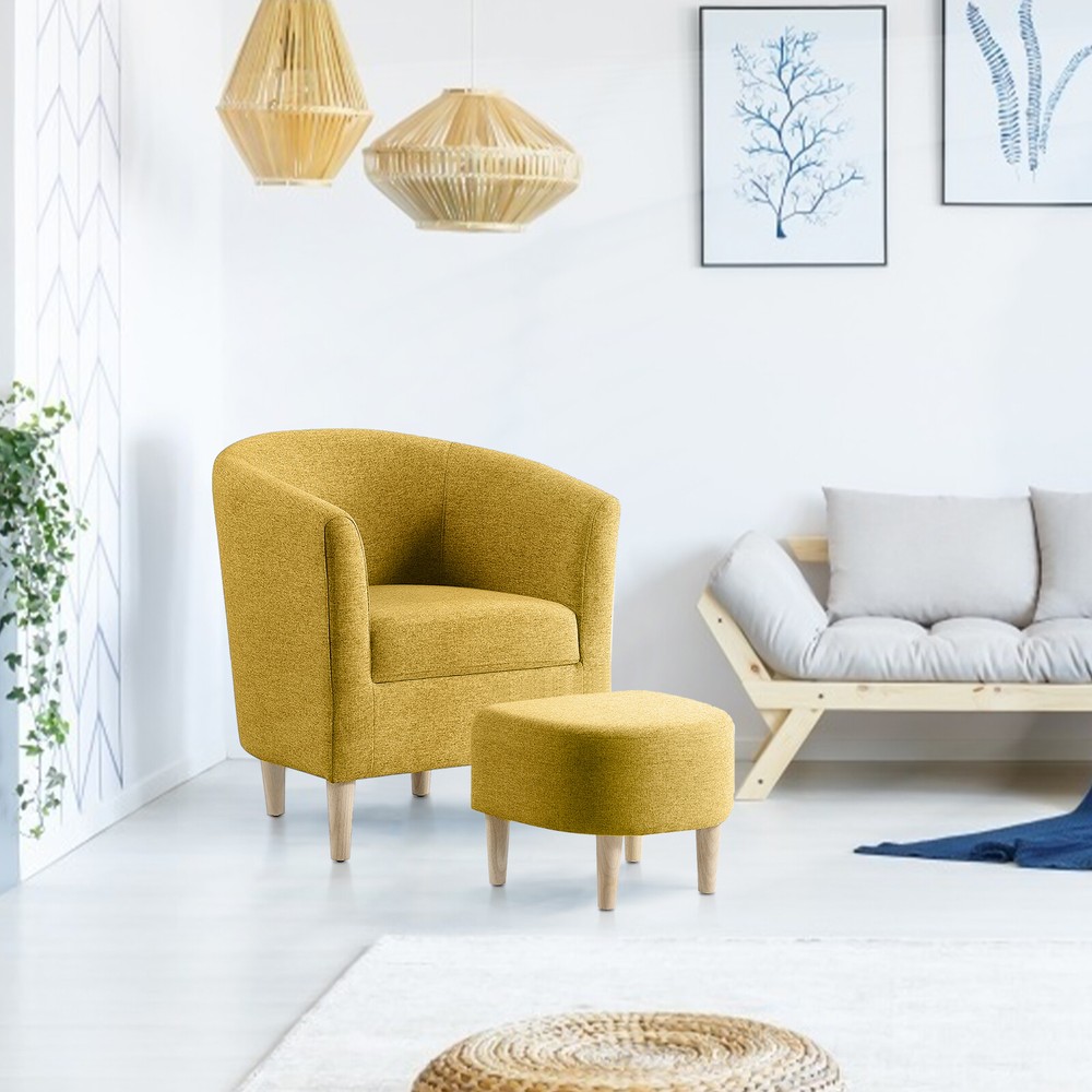 Modern Arm Accent Chair Upholstered Linen Fabric Single Sofa With Ottoman Yellow