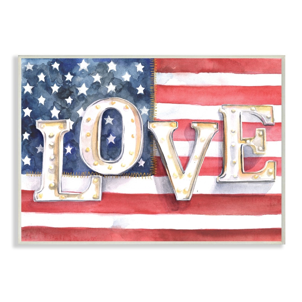 Stupell Vintage Love Text Over Stitched American Flag  Wood Multi-Color 10 x 15