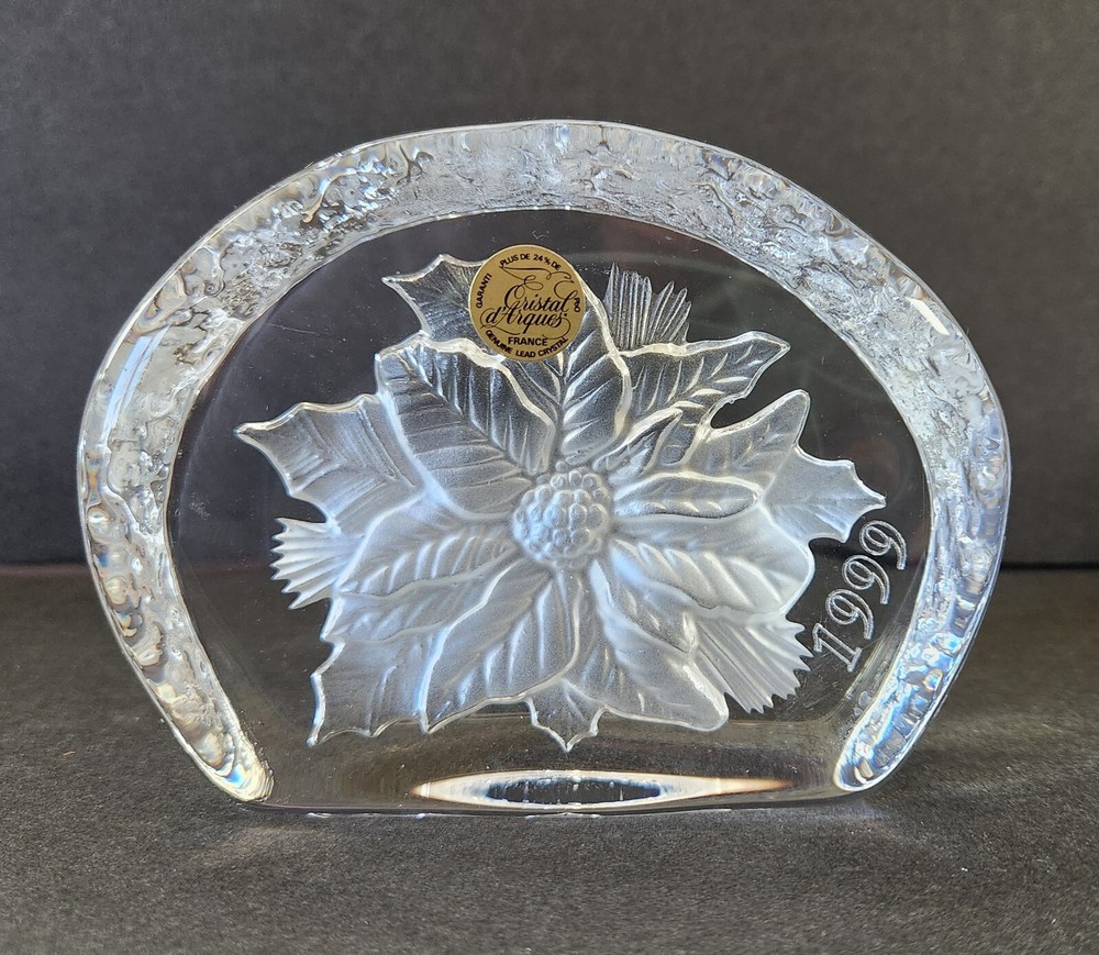 Vintage Cristal d'Arques Lead Crystal Paperweight France Poinsettia Christmas