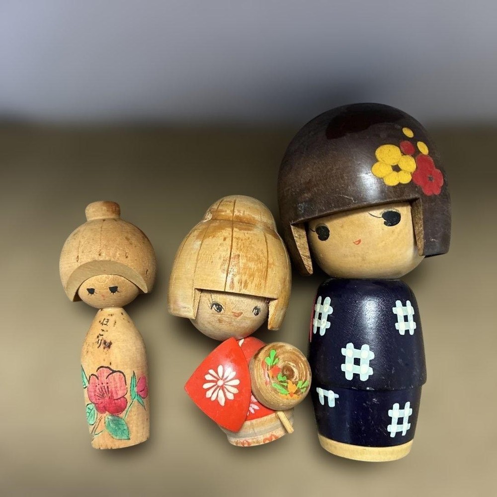 Kokeshi Doll Set of 3 Hand-Painted Wooden Traditional Crafts Multicolor