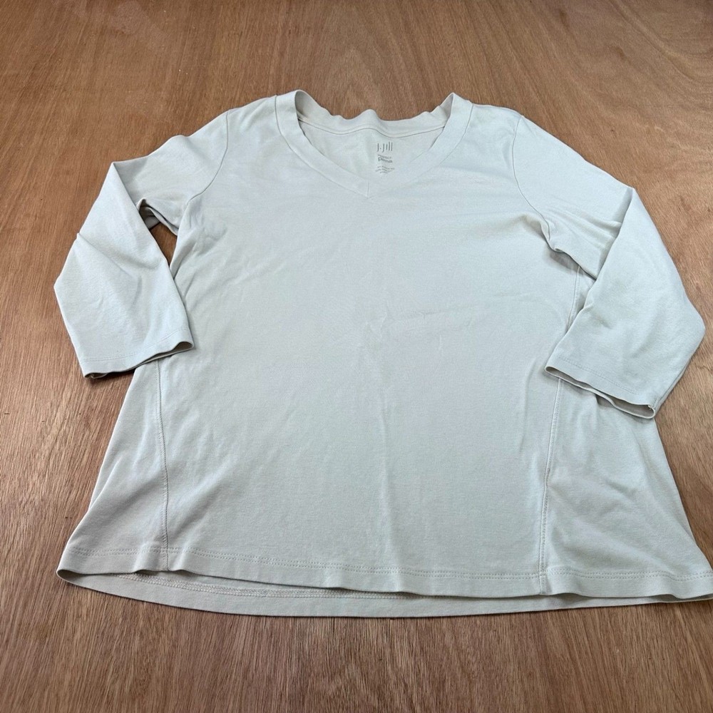 J.Jill Perfect Pima Tee Women M Beige V Neck 3/4 Sleeve Cotton Shirt