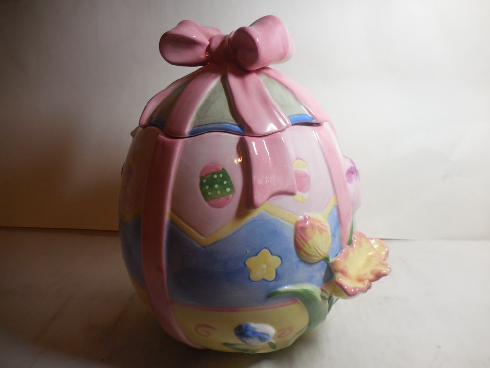 David's Cookies Easter Egg Cookie Jar Flowers Ribbon Bows Vtg Seasonal Spring