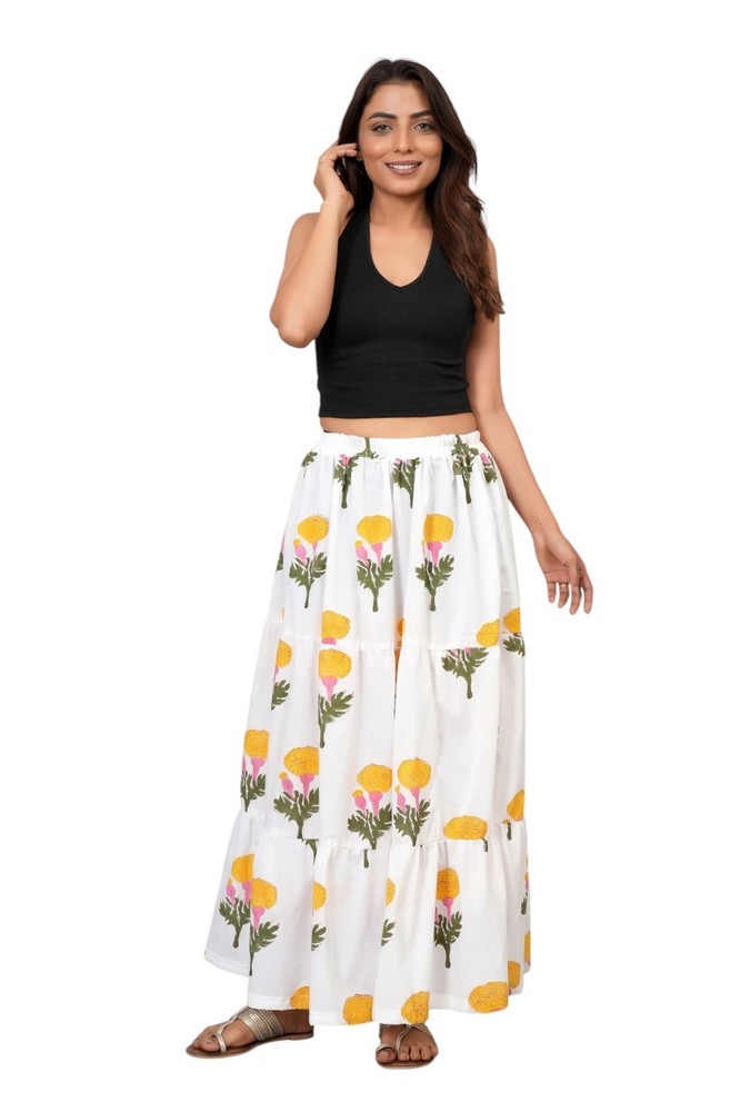 Women Floral Block Print Cotton Maxi Skirt Boho Flowy Long Skirt Elastic Waist
