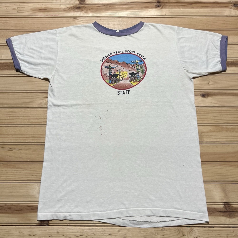 True Vintage 60s 70s Buffalo Trail Scout Camp Native Art Shirt Size Large / XL