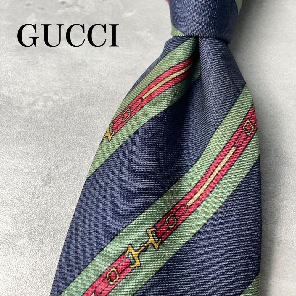 GUCCI Navy Green Red Geometric Belt Pattern Necktie Made in Italy
