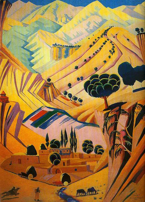 Oil painting abstract landscape with village animals mountain hand painted art-image