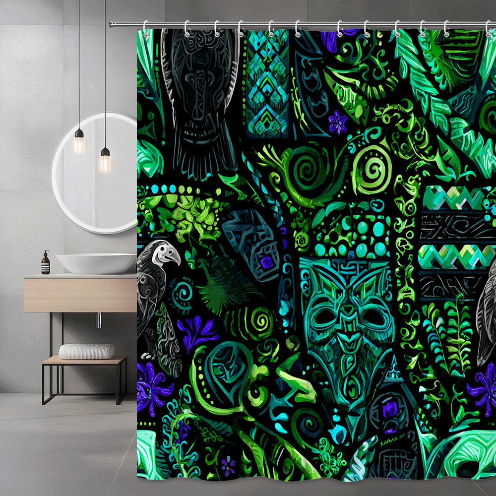 Gothic Floral Mask Print Shower Curtain Black Green Purple
