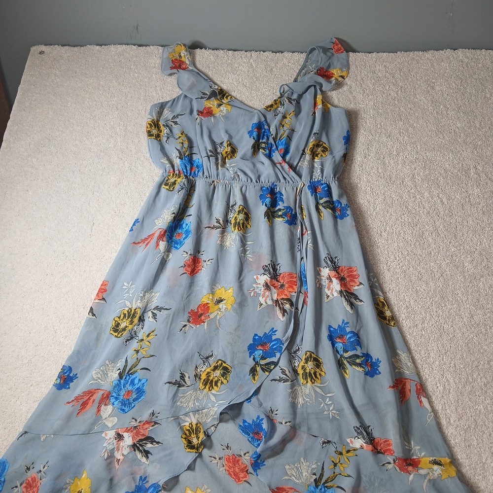 Maurices Women's Size L V-neck Spaghetti Strap Ruffle Blue Floral High-low Dress