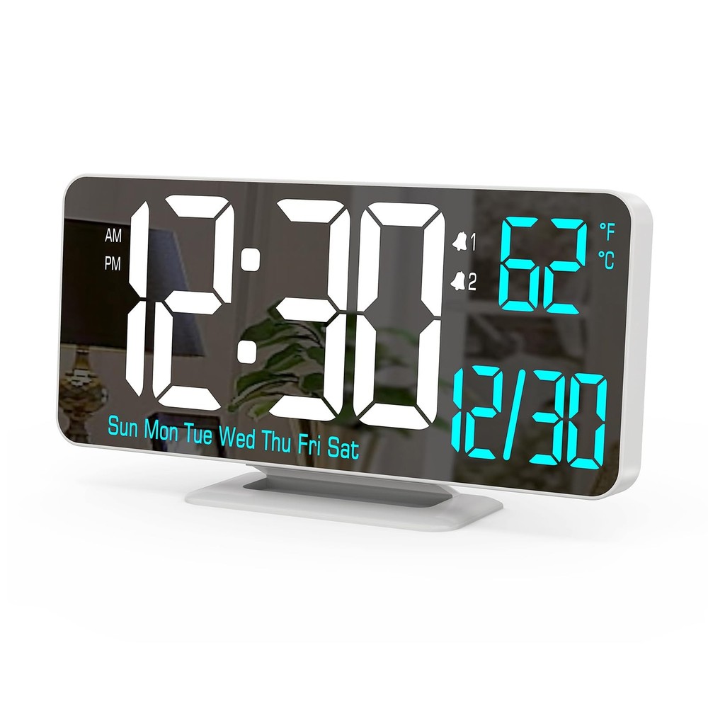 6.7in White Digital LED Alarm Clock with Dimming 12/24h Date Display for Bedrooms