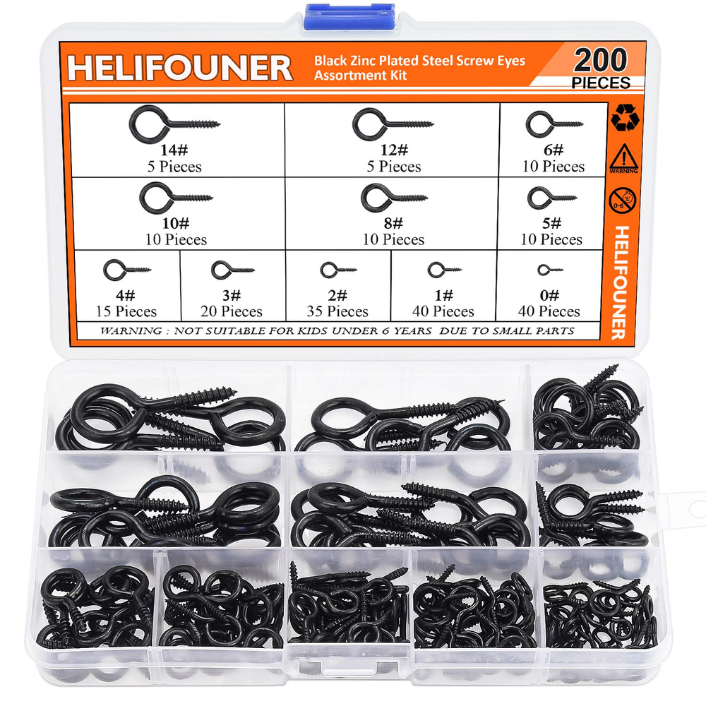 200 Pieces 11 Sizes Black Zinc Plated Steel Screw Eyes Assortment Kit