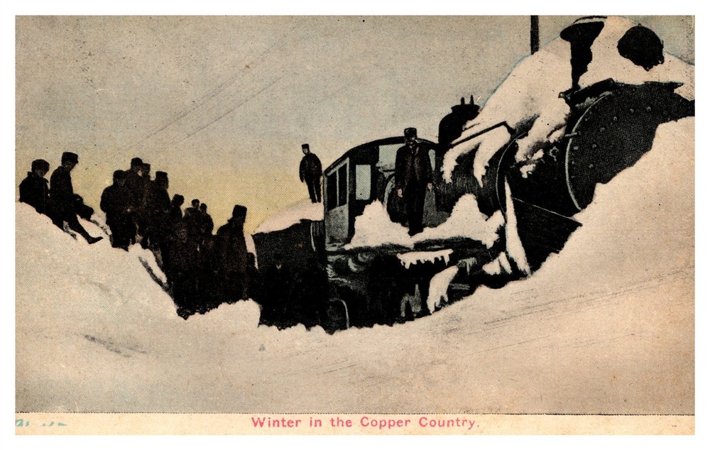 Train Stuck Snow Engineer Workers Snowbank Copper Country MI C1910s Postcard AH1