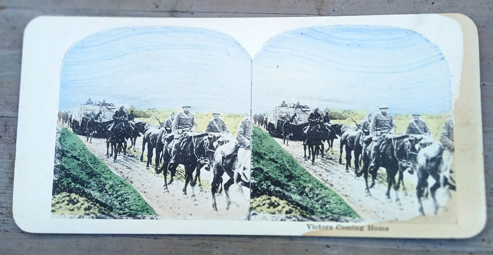5 WWI Tinted Stereo Cards Tanks Horses Machine Gun 75mm Gun Dead German Soldier