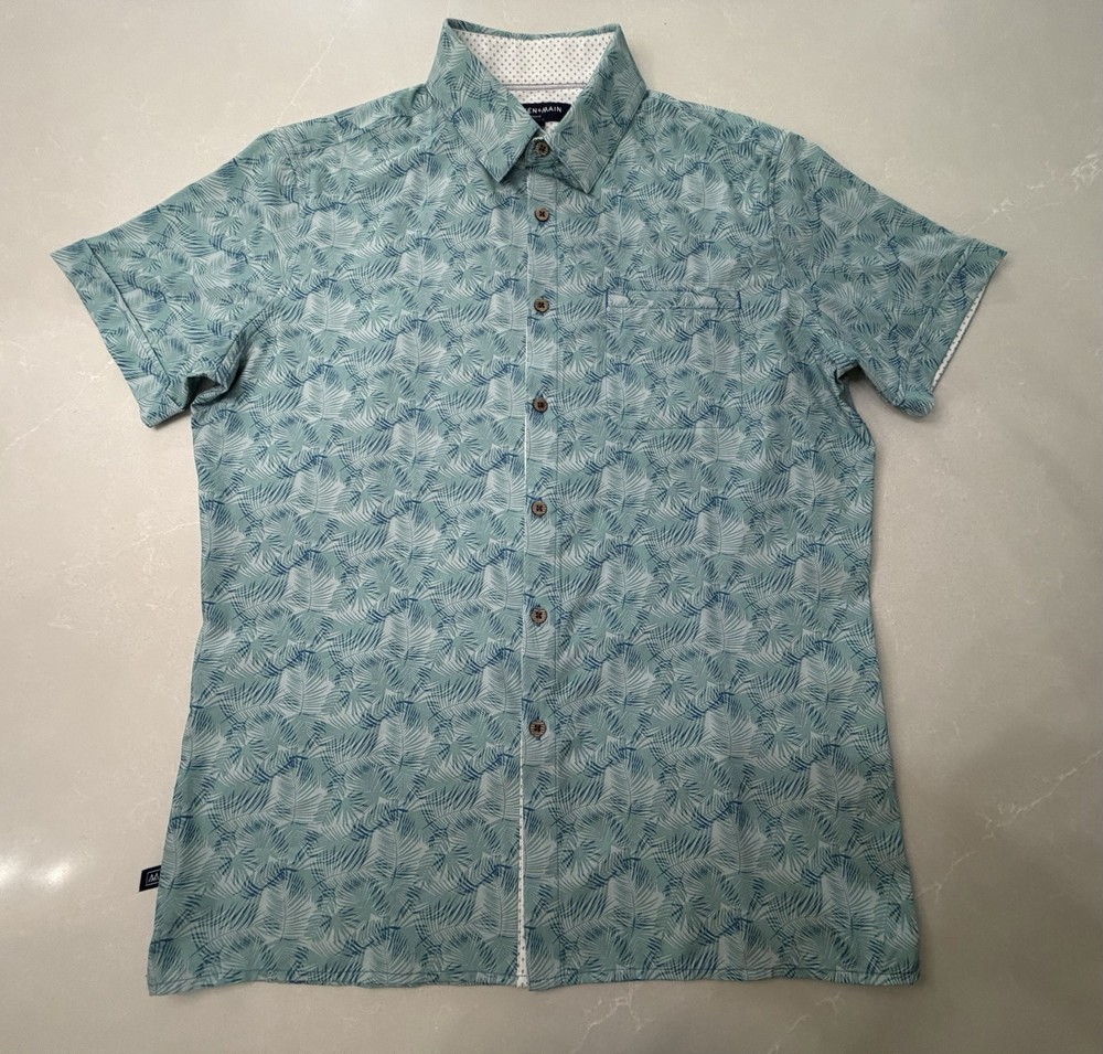 Mizzen+Main Leeward Performance Short Sleeve Button Down Teal Palm Tree Shirt, L