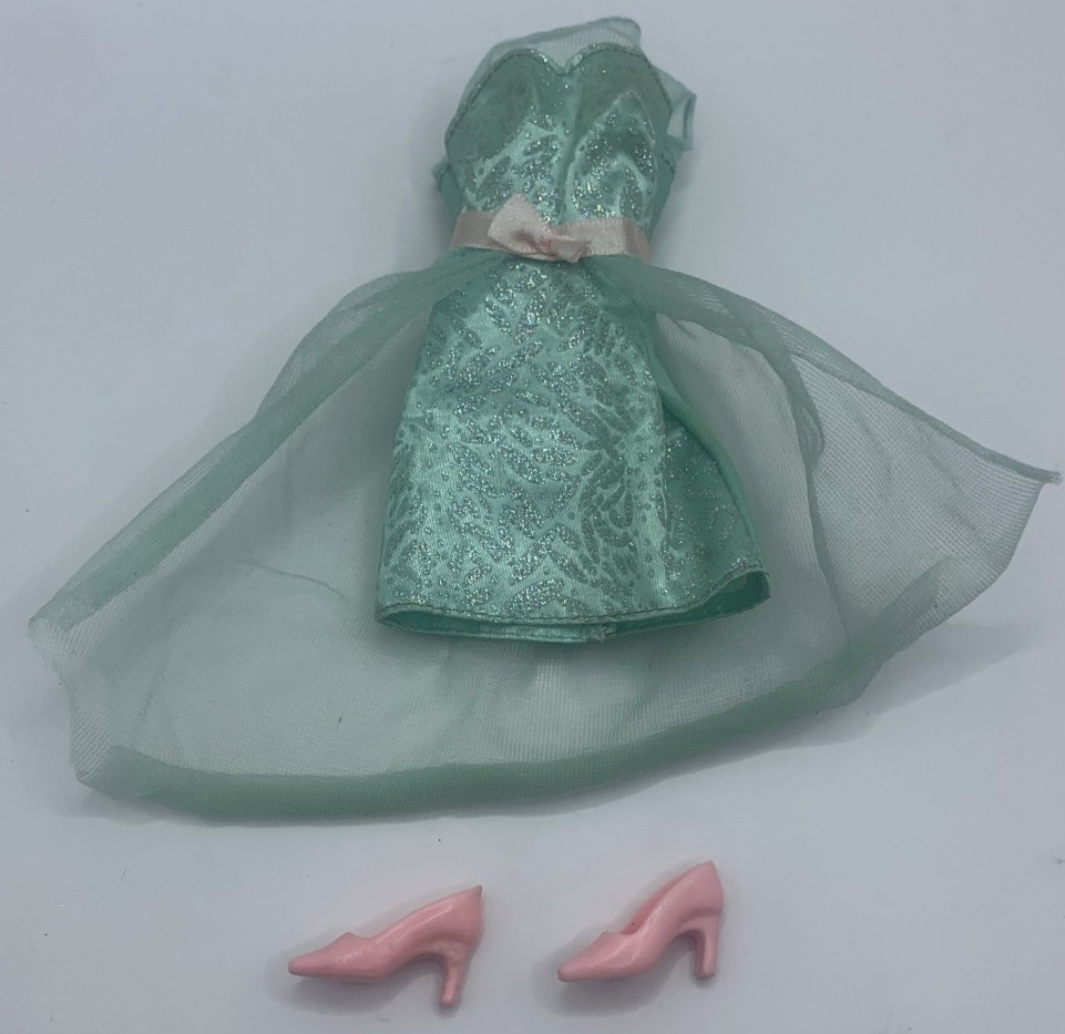 Vintage Barbie Doll Shiny Short Outfit Fashions Pink Aqua Dress Shoes Tulle