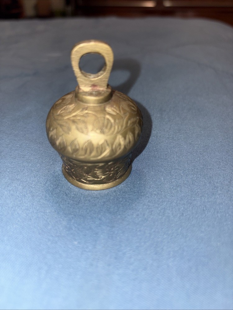 Vintage Brass Bell Made in India with Etched Flowers/Leaves, Marked