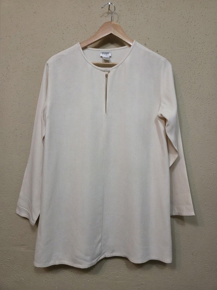 Eileen Fisher Blouse Womens M White Textured Silk Tunic Long Sleeve Pullover Top