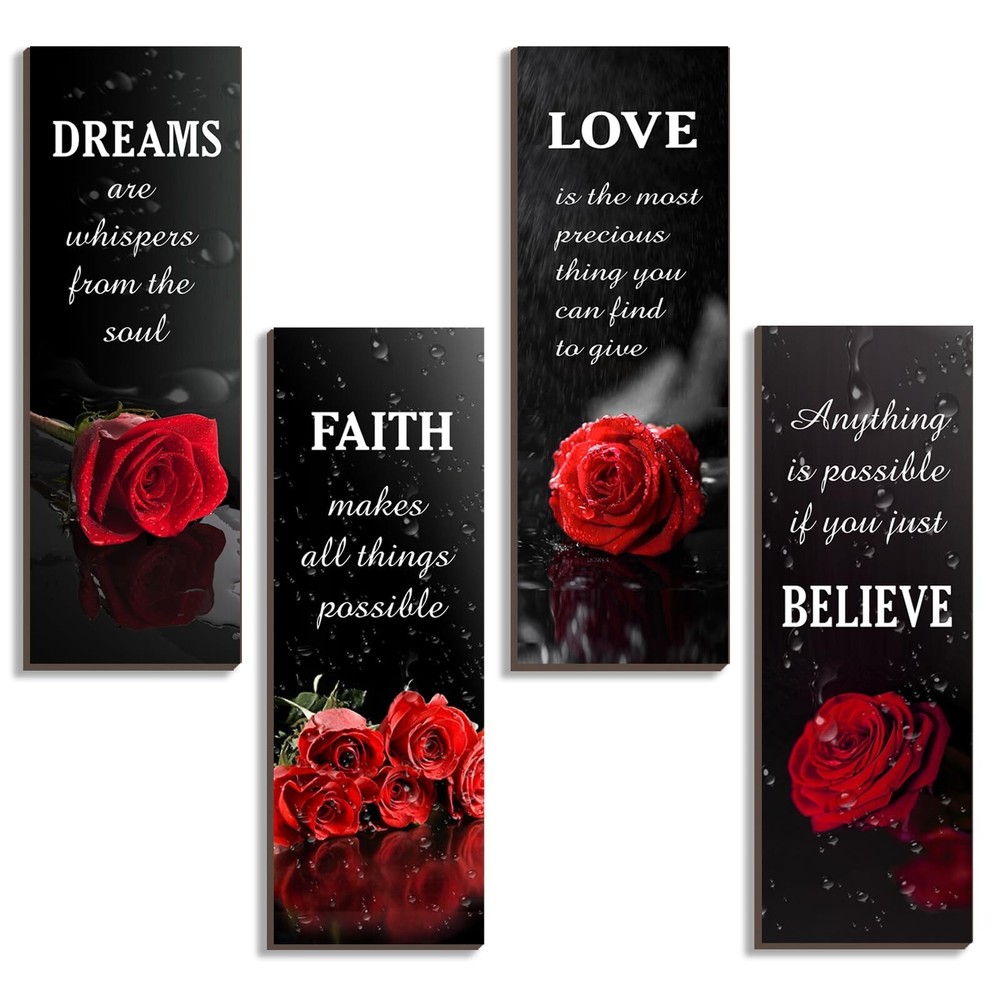 4 Pcs Red Bathroom Decor Red Rose Wooden Wall Decor Inspirational Farmhouse S...