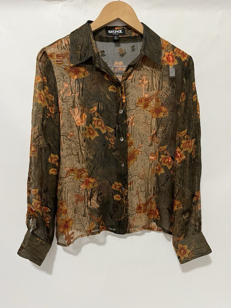 Kasper Sheer Blouse Silk Blend Long Sleeve V Neck Autumn Fall Leaves Top Size 8P