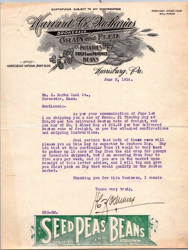 1916 Vintage Grain & Feed Business Letter Harrisburg PA Hay Shipment