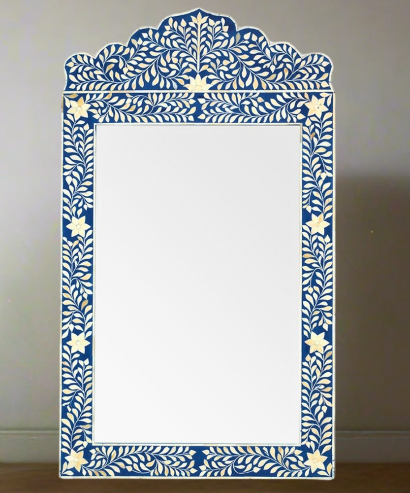Bone Inlay Floral Design Mirror Frame in Blue Color