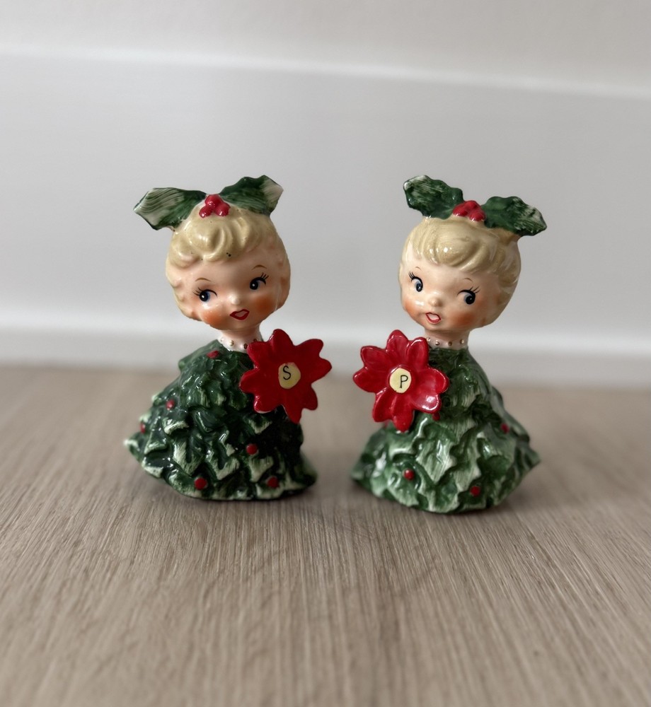 Holt-Howard Poinsettia Holly Tree Girls Salt & Pepper Shakers 6216 Japan