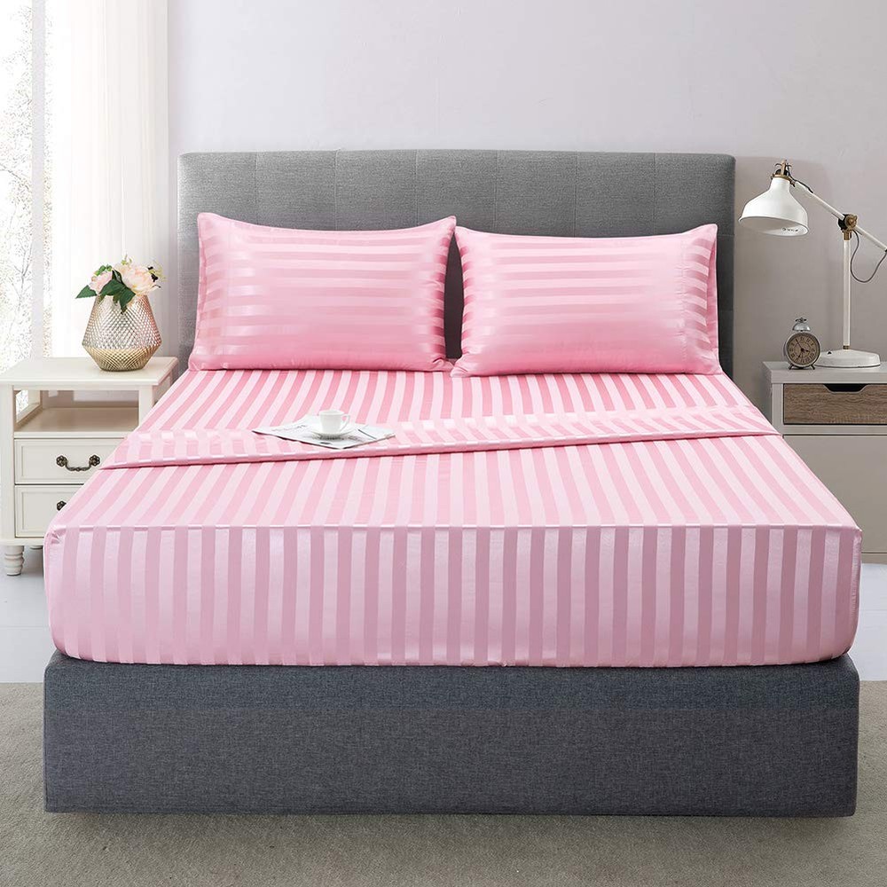 Satin-Silk Sheets Queen Size Bed Set, Pink Soft Cooling Deep Pocket Queen She...