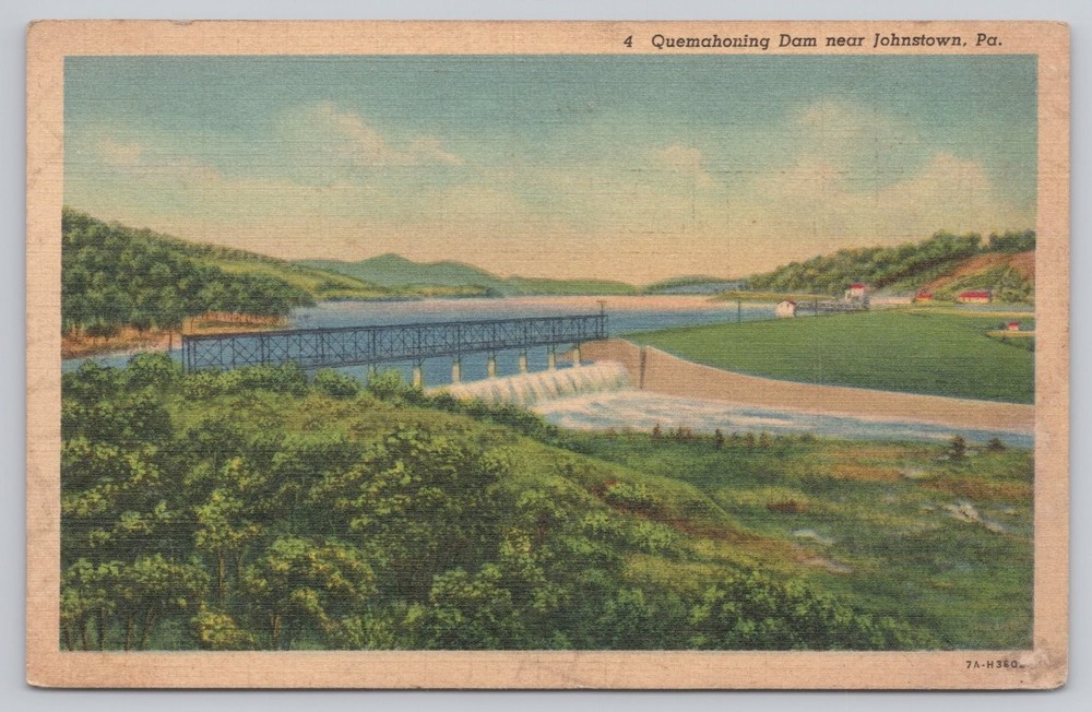 Quemahoning Dam Johnstown PA Vintage Postcard 1937 Curt Teich Art-Colortone