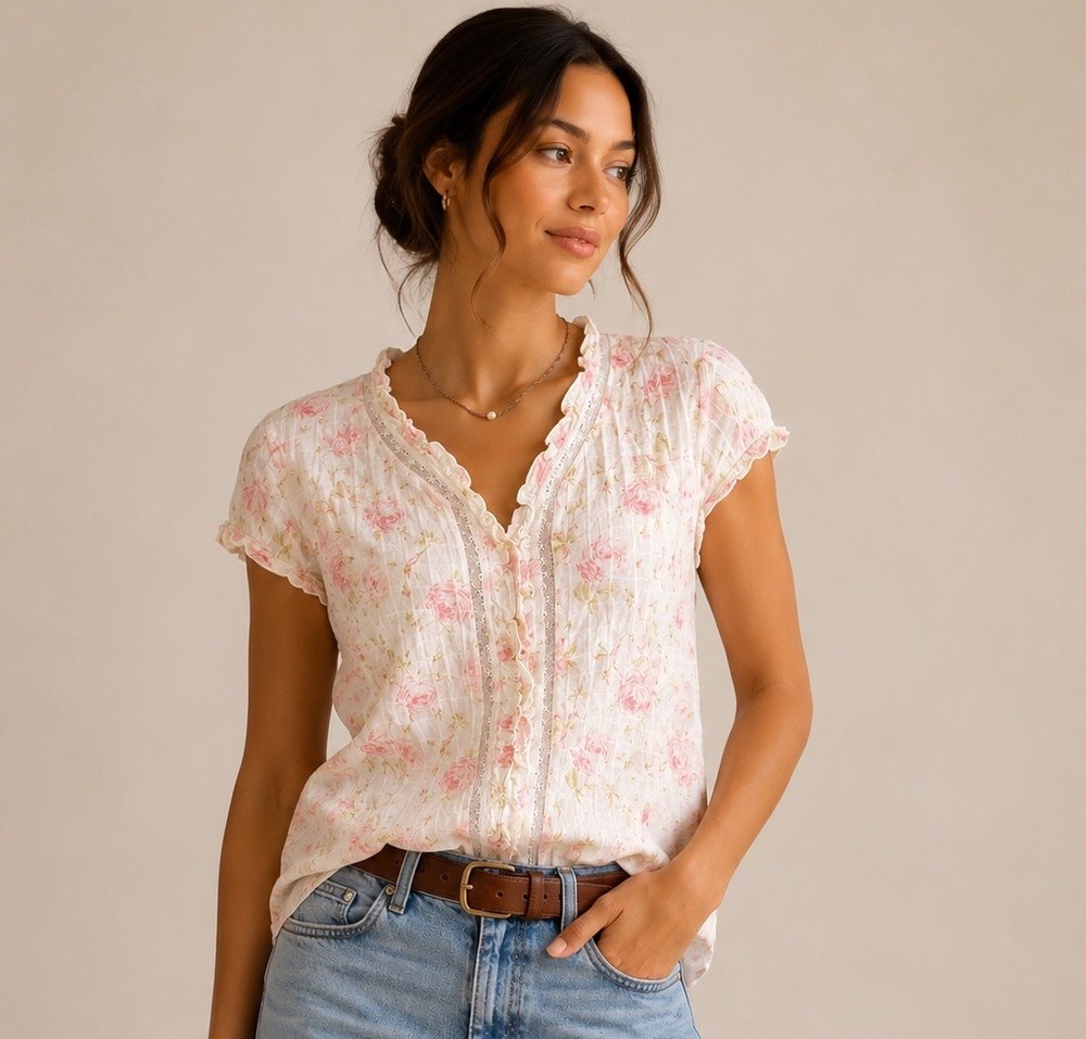 Lauren Ralph Lauren Floral Blouse Womens Medium White Cottagecore Romantic Top