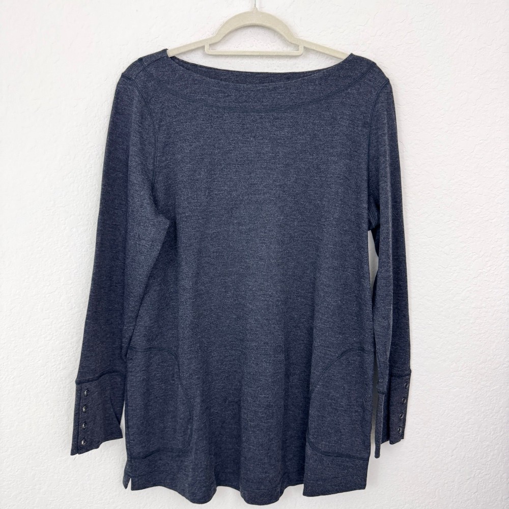 J. Jill Womens Long Sleeve Tunic Top Size L Boat Neck Cotton Blend Pockets Gray