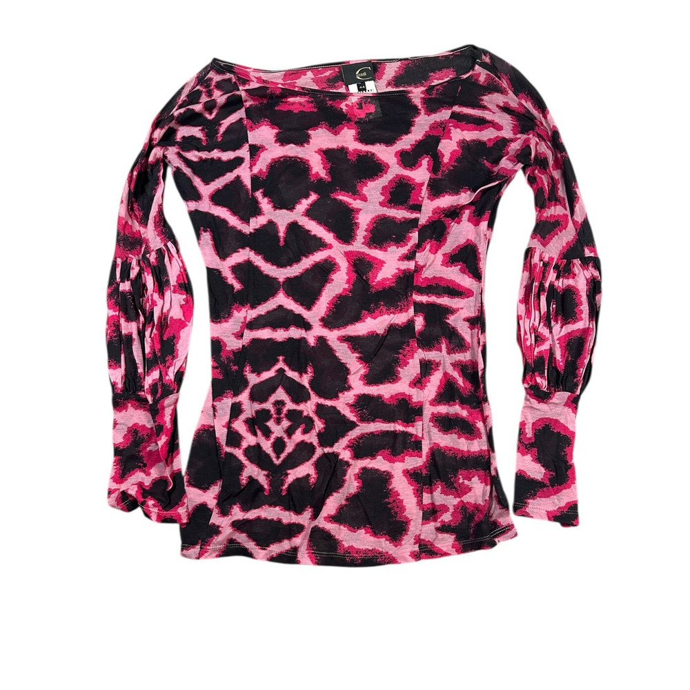 Just Cavalli Pink Animal Print Sheer Long Sleeve Blouse Size US M Indie Sleaze