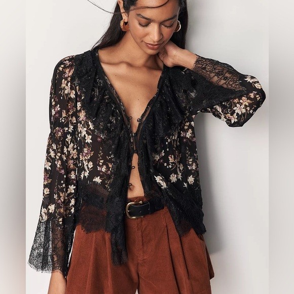 By Anthropologie Size Small Sheer Ruffled Lace Floral Blouse MSRP $128 NWT