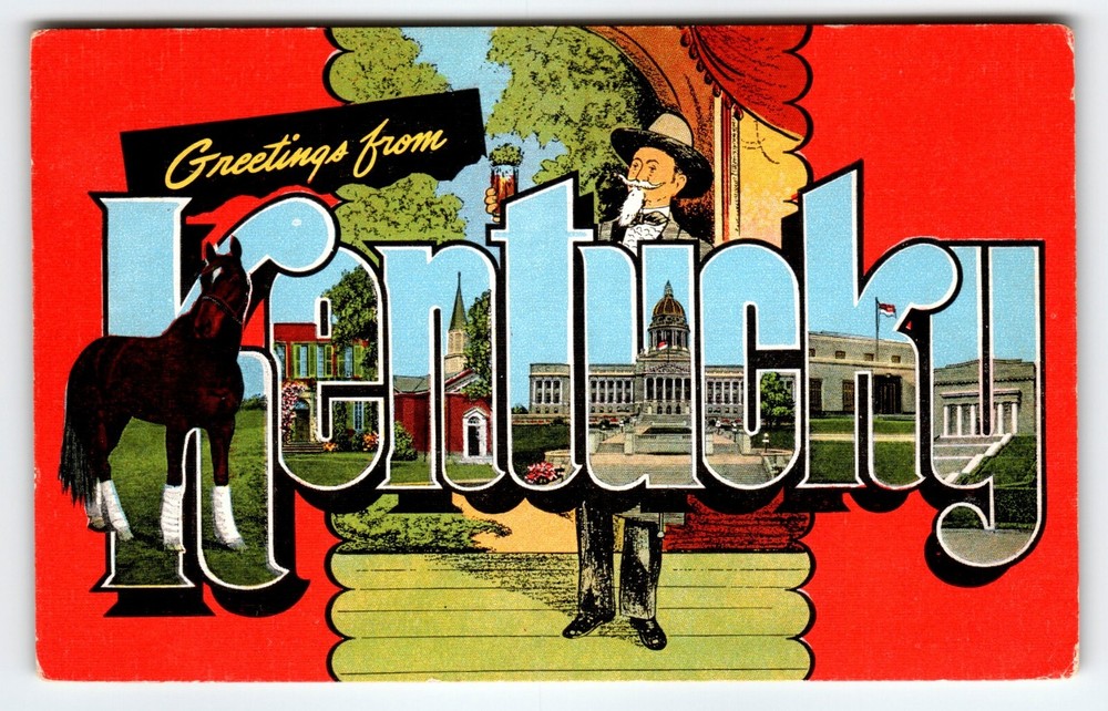 Greetings From Kentucky Postcard Large Letter Kropp Linen Horse Vintage Unposted