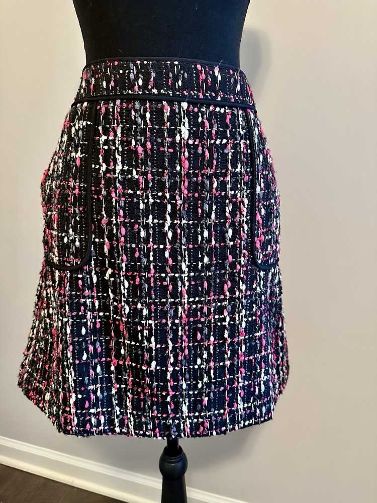 LOFT Tweed Plaid A-Line Skirt, Black, Hot Pink  & White, Front Pockets - Size 12