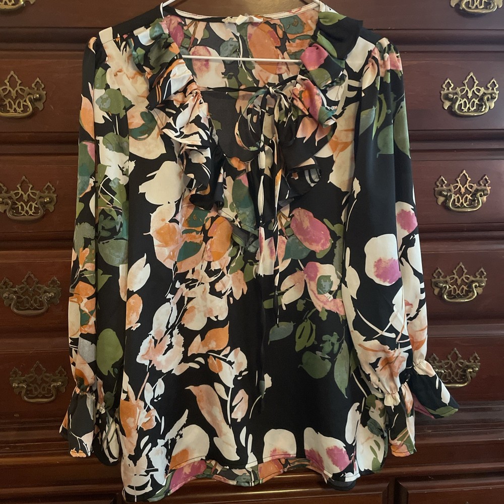 Kismet Women's Floral Long Sleeve Ruffled Peasant Blouse Tie front