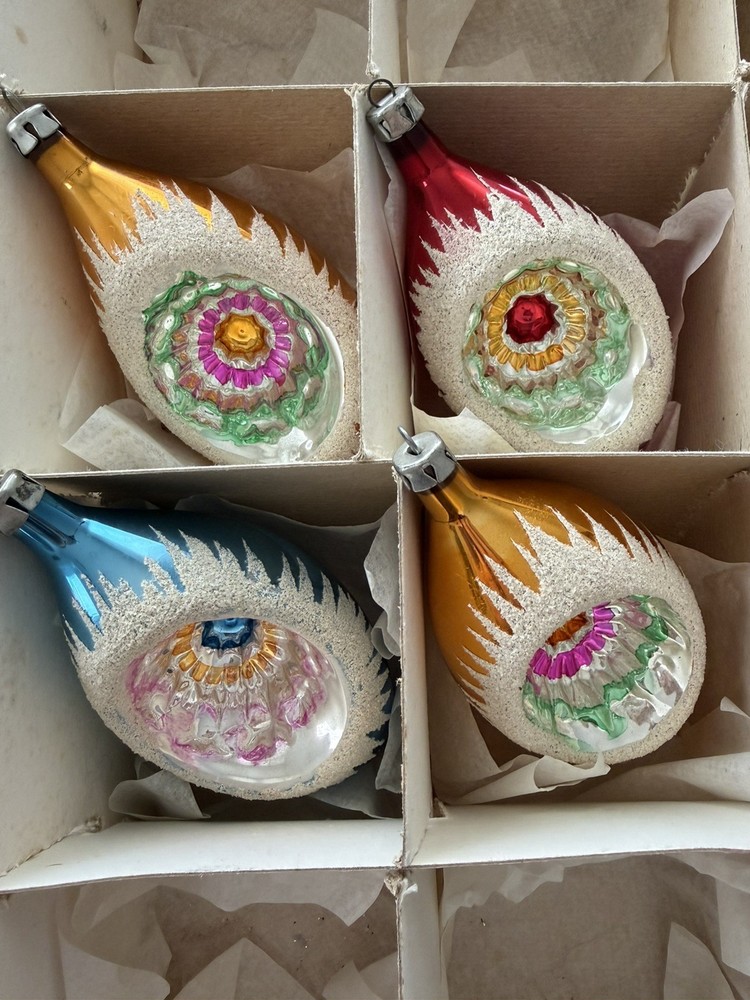 4 Vintage Poland Glass Indent Christmas Ornaments  (No Box)