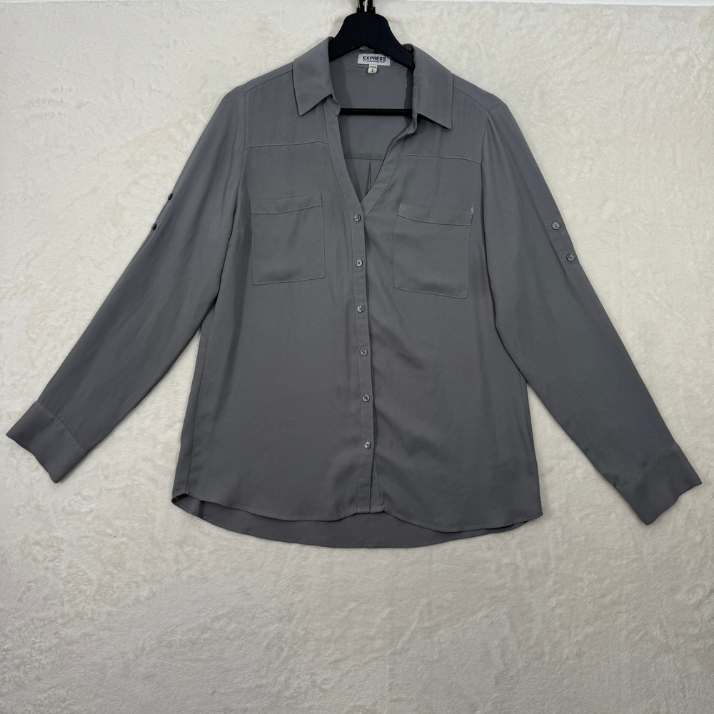 Express Shirt Womens Medium Gray The Portofino Shirt Long Sleeve Roll Tab Button