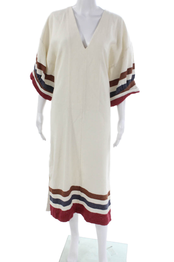 Three Graces London Women Kaftan Dress Ivory Linen V-Neck Half Sleeve Size 6Free Shipping in US $100+ Orders | $6.95 Orders Below