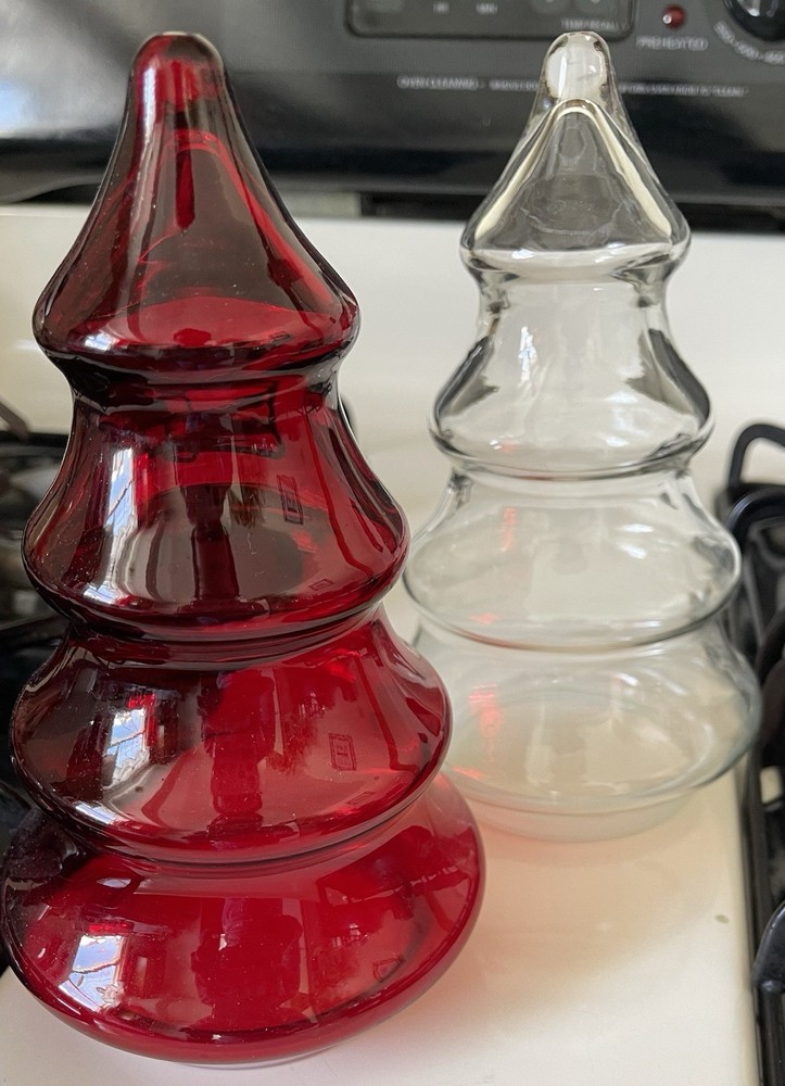 Vintage Glass Christmas Tree Candy Jars With Plastic Lid. Clear And Red.